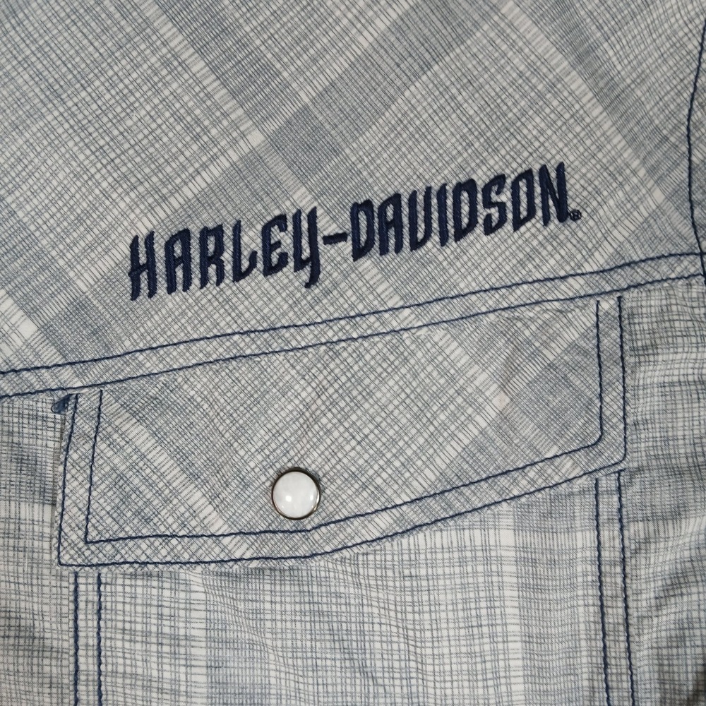 Harley Davidson Western Shirt Mens L Grey Plaid Pearl Snap 100% Cotton - Picture 2 of 10